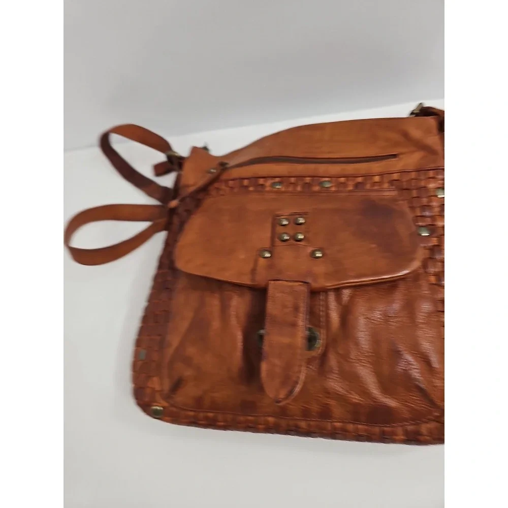 Harbour 2nd Tuula Woven Distressed Leather Crossbody Bag Purse Brown Cognac